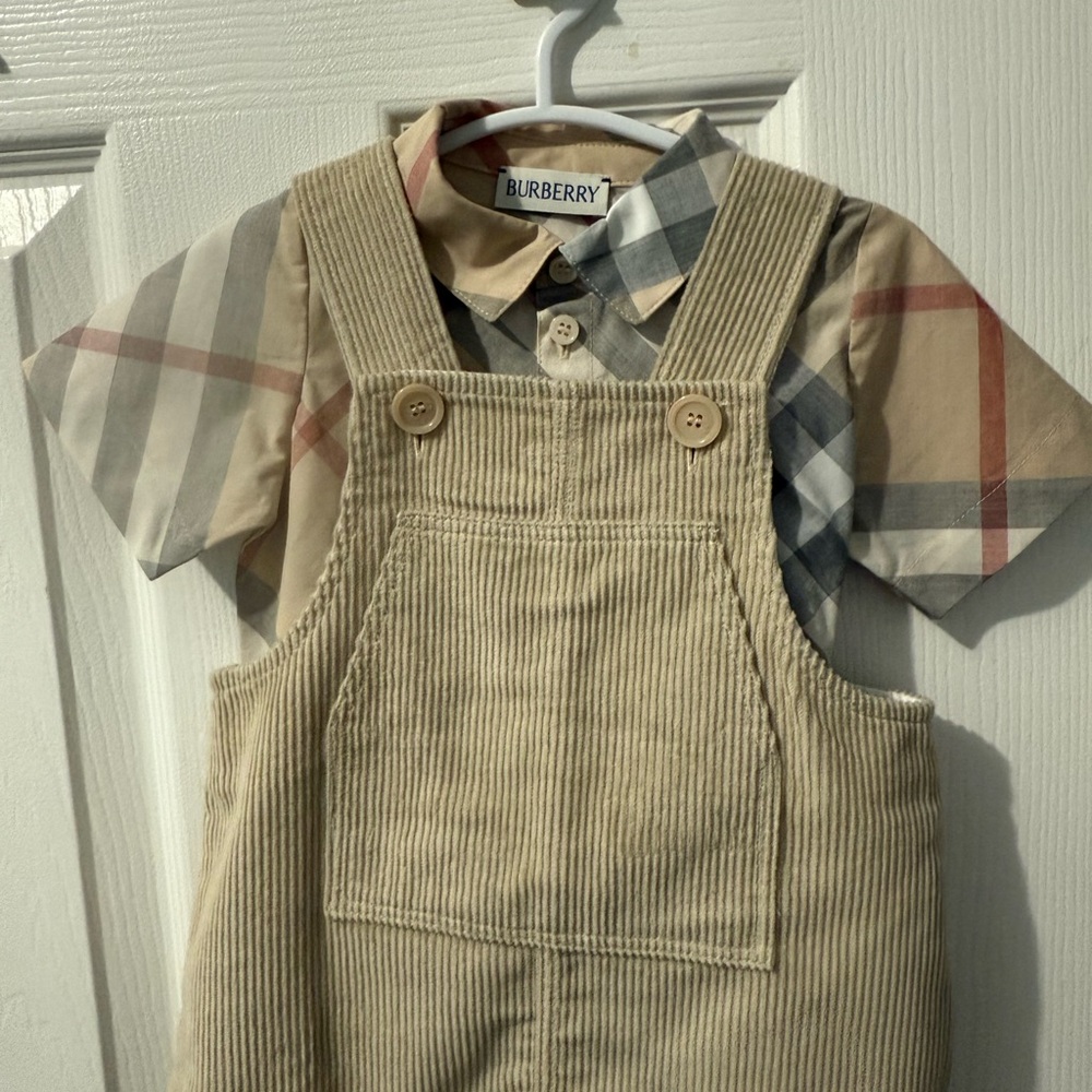 Burberry Plaid Shirt with Corduroy Overalls